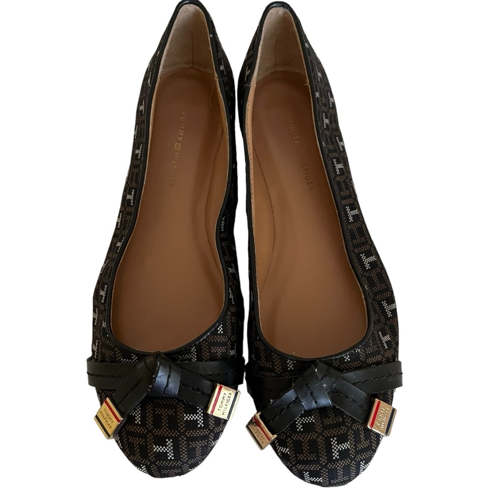 Tommy Hilfiger Black/Brown Signature Print Bow Ballet Flats 7